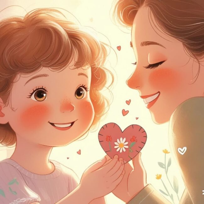 Ein Kind überreicht seiner Mama ein Herz