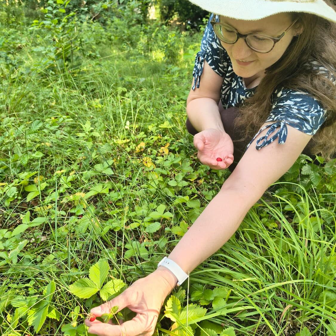 Anne pflückt echte Walderdbeeren.